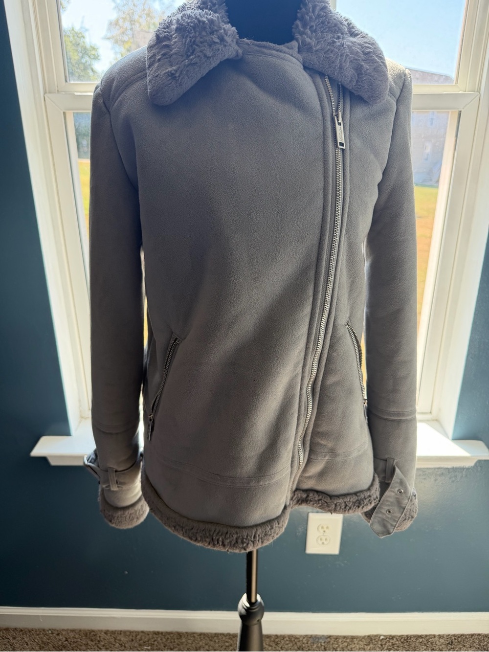 Hollister Grey Faux-Shearling Asymmetrical Zip Jacket
